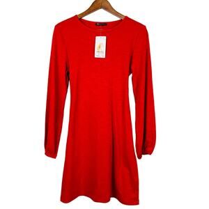 NEW! Pretty Garden Dress Scoop Neck Long Sleeve Belted Red - S